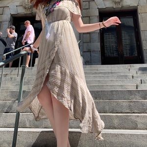 Elan Grey Stripped off-the-shoulder maxi dress